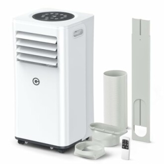 Portable air conditioner with accessories.