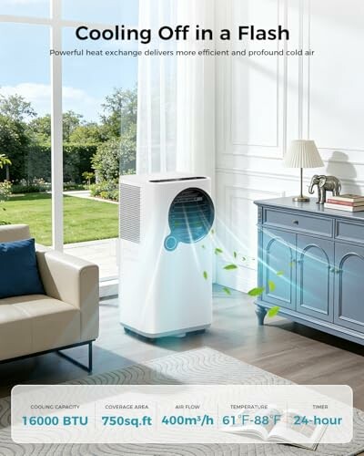 Portable air conditioner in a living room with cooling details displayed.