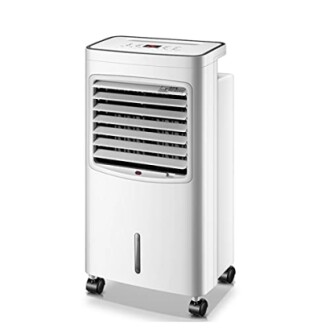 White portable air cooler with wheels.