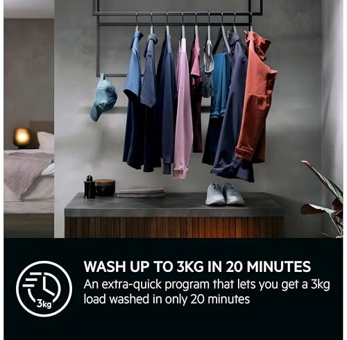 Clothes hanging with quick wash advertisement for 3kg load in 20 minutes.