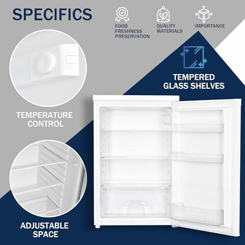 Diagram highlighting refrigerator features: temperature control, adjustable space, tempered glass shelves.