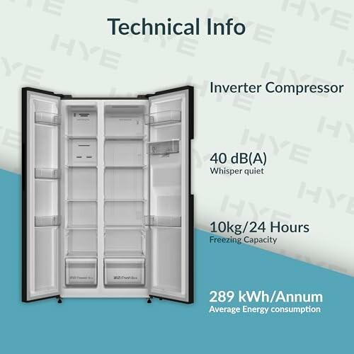 Open refrigerator with technical specifications displayed.