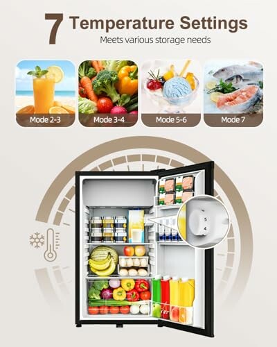 Refrigerator with 7 temperature settings for different foods.
