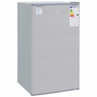 Silver single-door refrigerator with energy rating label.