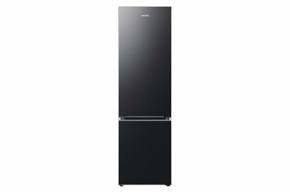 Sleek black refrigerator with bottom freezer