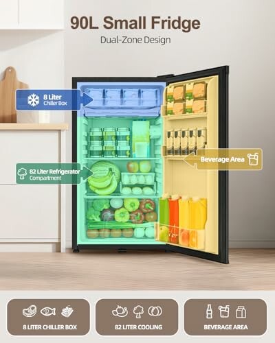 Open small fridge with labeled zones for beverages, chiller box, and cooling.