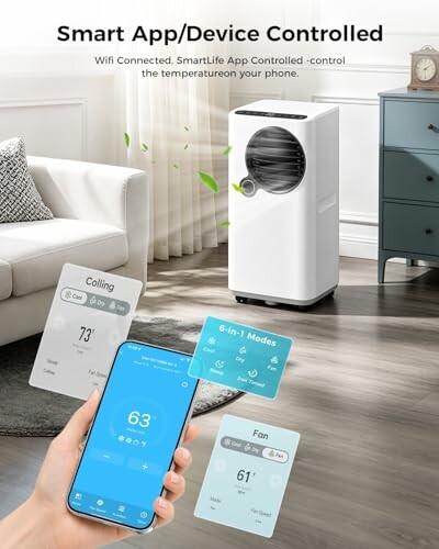 Smart air conditioner with app control and temperature display.