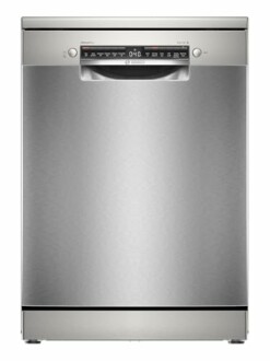 Front view of a stainless steel dishwasher.