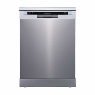 Front view of a stainless steel dishwasher with control panel.