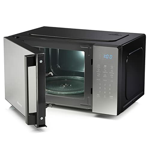 Stainless steel microwave with open door and digital display