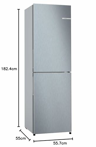 Tall stainless steel refrigerator with dimensions labeled.