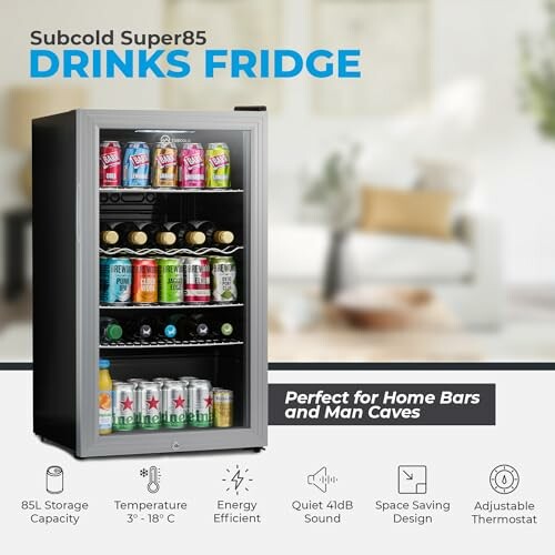 Subcold Super85 drinks fridge with beverage cans, ideal for home bars.