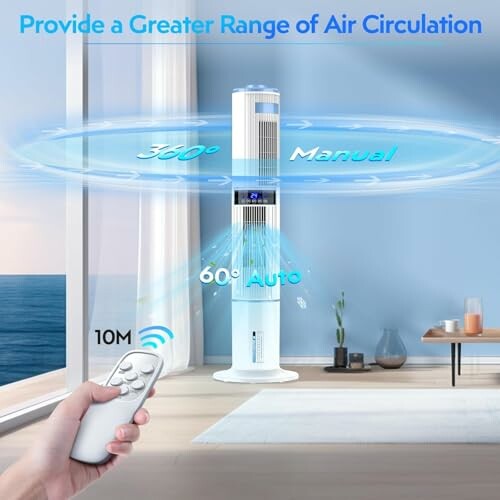 Tower fan with remote control for air circulation in room.