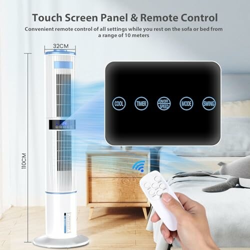 Tower fan with remote control features displayed.