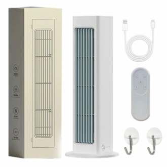 Tower fan with remote, hooks, and USB cable.