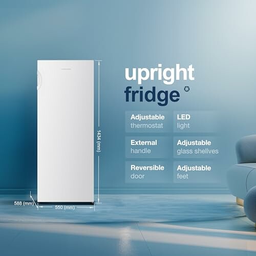 Advertisement for upright fridge with features listed.