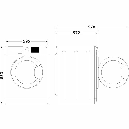 Diagram showing dimensions of a front-loading washing machine.