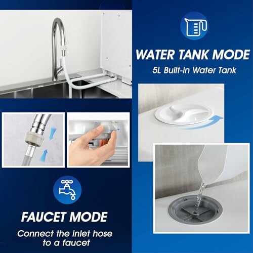 Water dispenser showing water tank and faucet modes.