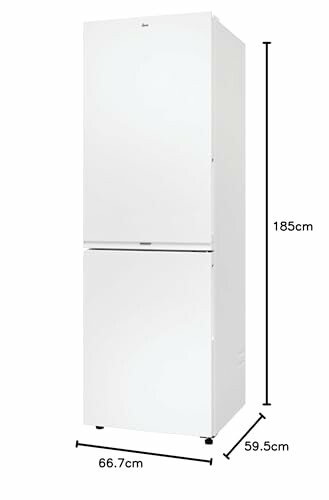 White refrigerator with dimensions displayed.
